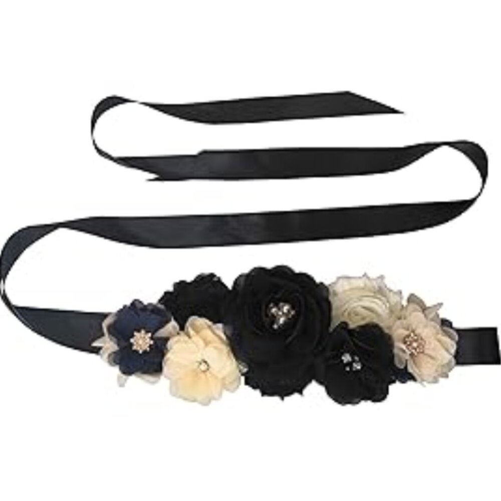 Bridal Sash - Black Satin w/Cream & Navy Flowers
